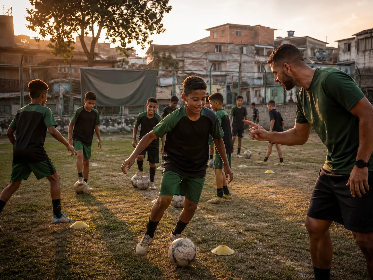 Treinador orientando crianças em um treino de futebol