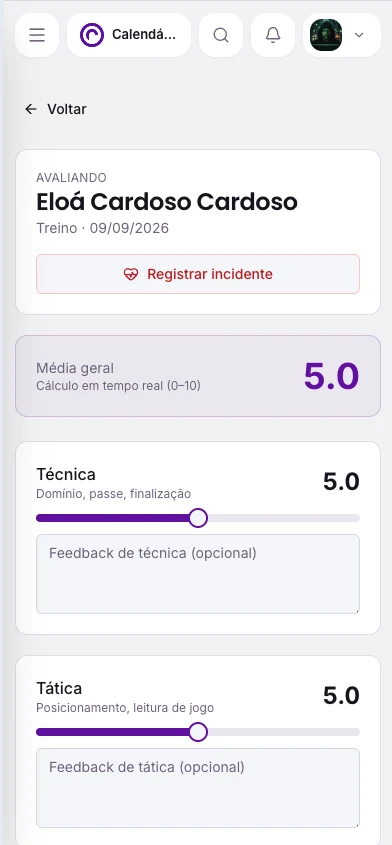 Avaliação e evolução, interface mobile